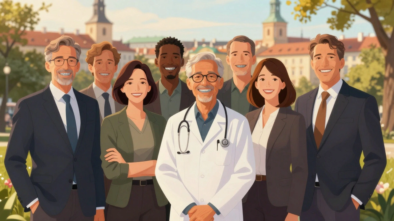 Různí dospělí profesionálové s moderními ortodontickými systémy v městském parku.