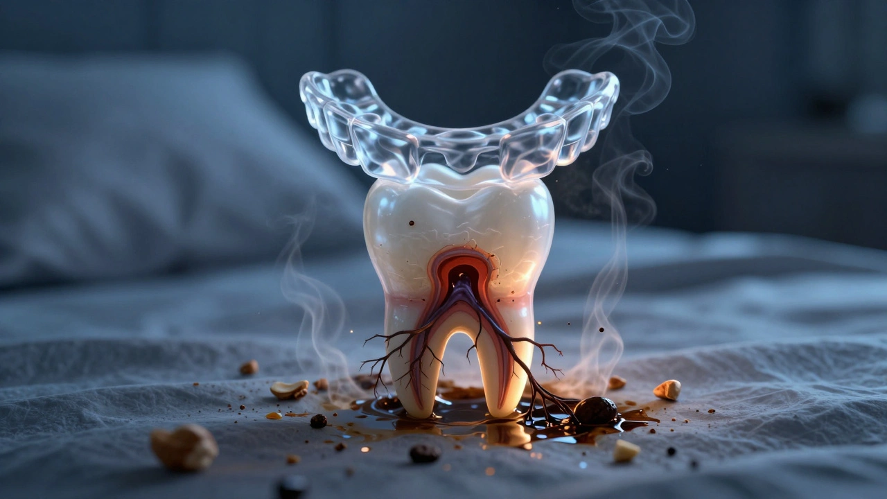 Skrytá infekce v zubu se šíří k nervu, doprovázena nočním štítem a kávovými skvrnami.