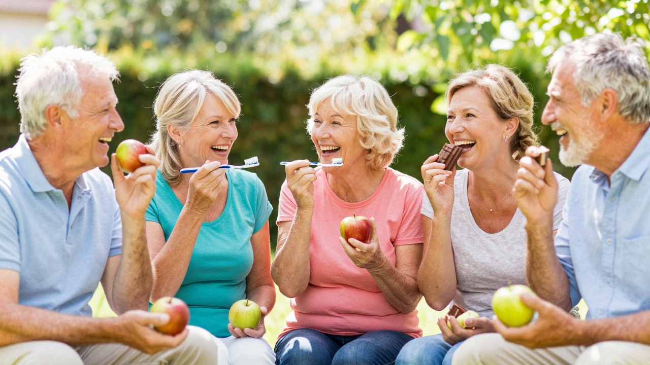 Skupina lidí v Česku směje se a jí jídlo s plným úsměvem, znovuobnovená sebevědomí.