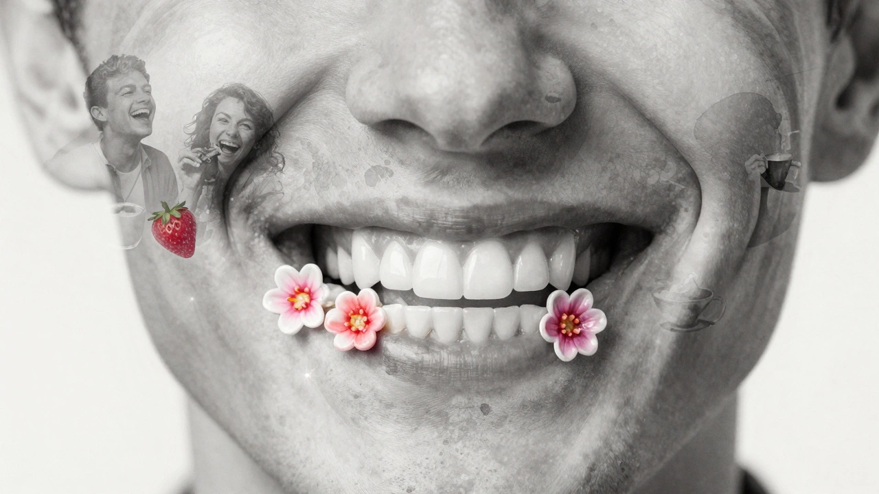 Smích se mění z šedé barvy na živou, když se objeví keramické zuby.