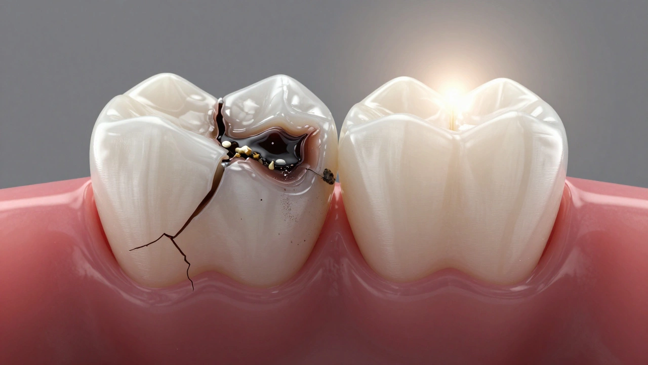 Split image of a damaged tooth transforming into a restored, natural-looking tooth.