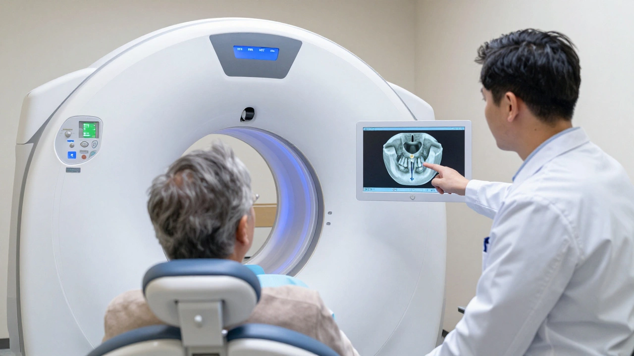 Starý pacient podstupuje 3D CT vyšetření v zubní klinice s lékařem u obrazovky.