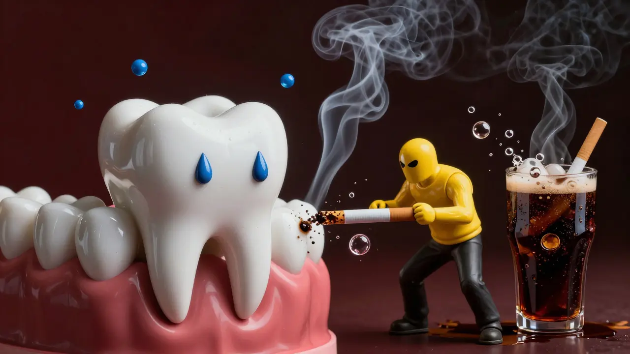 Symbolický boj mezi ochrannými látkami a kyselinami ničícími zubní sklovinu.