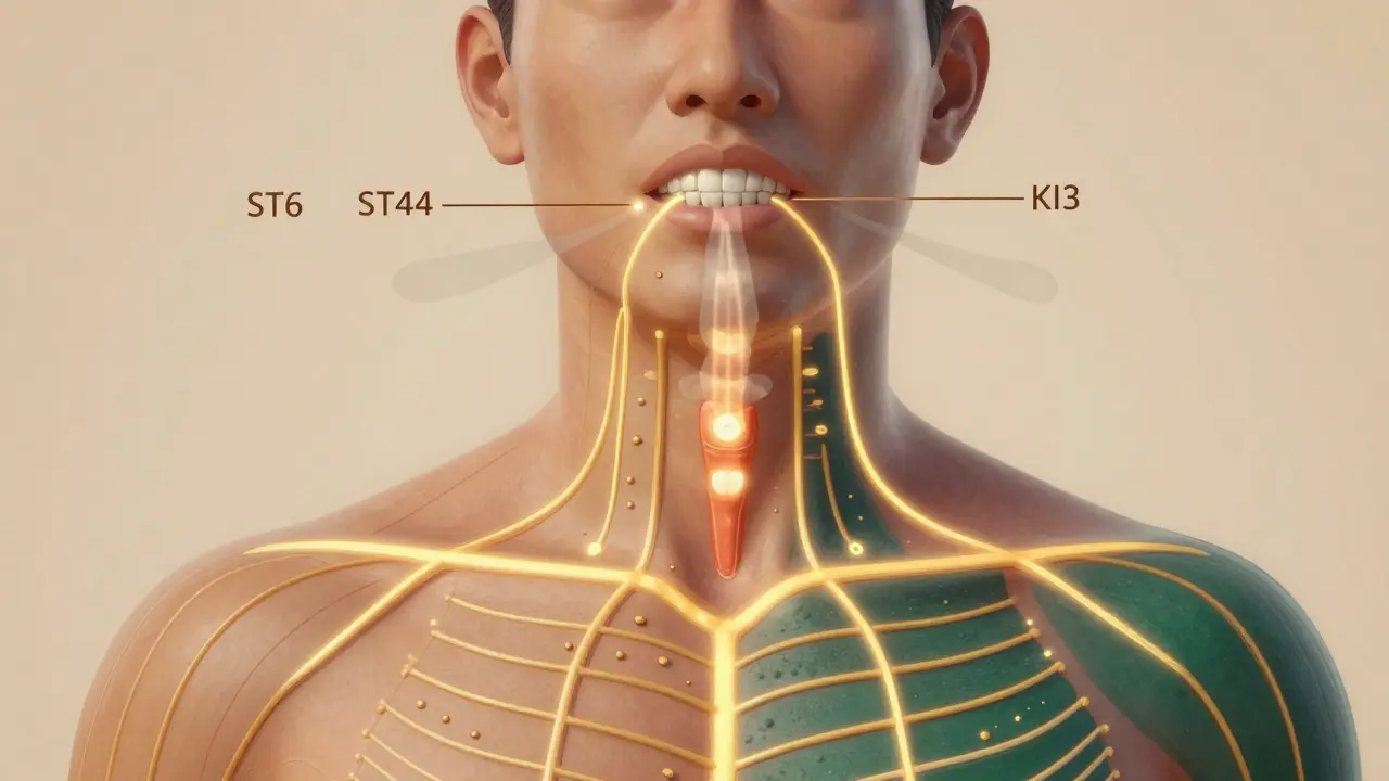 Tělo s vykreslenými energetickými toky spojujícími body akupunktury s ústy.