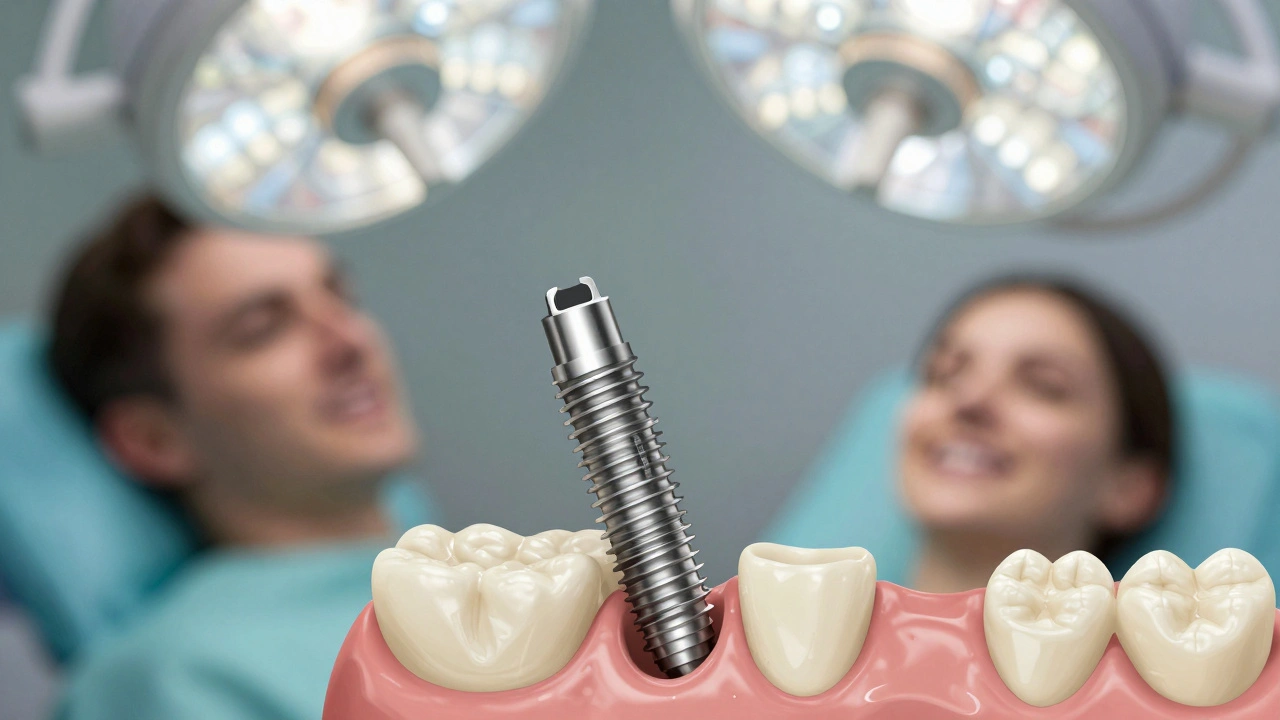 Titanový zubní implantát přesně vložený do čelisti, viditelná osteointegrace s kostí.