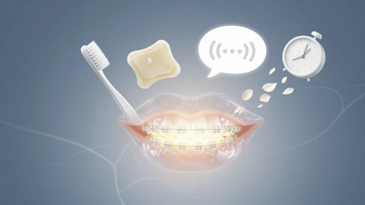 Translucentní ústa s rovnátky a symboly péče a přizpůsobení v abstraktním prostředí.