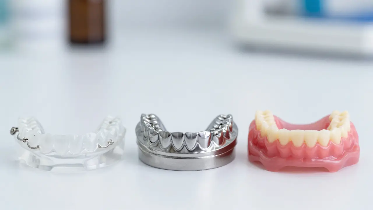 Tři typy zubních protéz: plastová, s kovovou kostrou a flexibilní, položené vedle sebe.