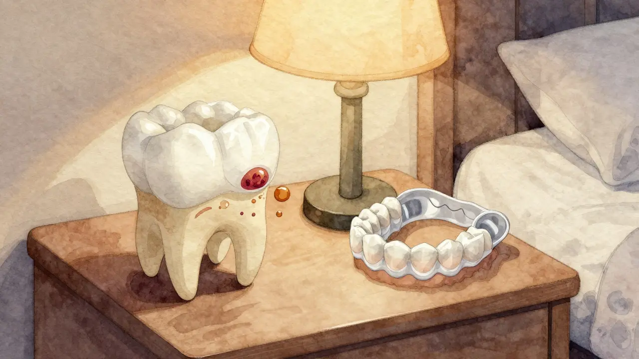 Veneer s mírně odtrženou hranou a ochranný splint na nočním stolku.