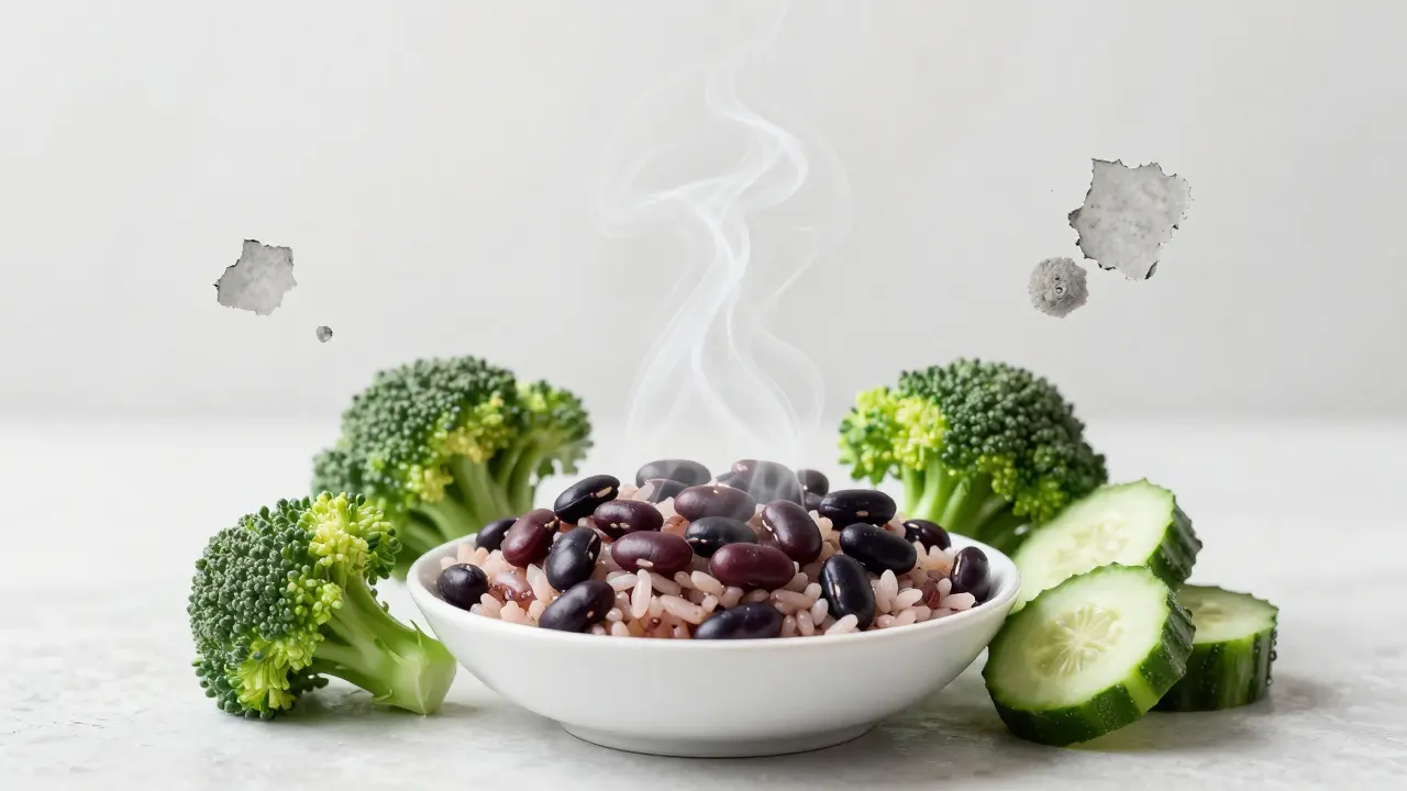 Zdravé zuby vykreslené jako výsledek černých fazolí a zeleniny.