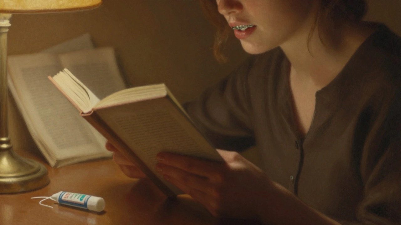 Žena čte nahlas ve světle lampa, vedle ní ortodontický vosk a nit.