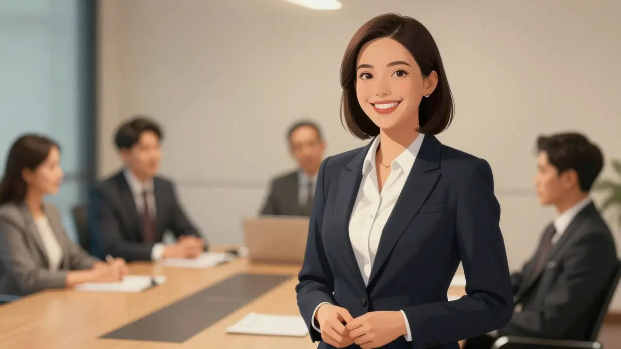 Žena v profesionálním oblečení přednáší s důvěrou, její úsměv je přirozený, zaměření je na oči.