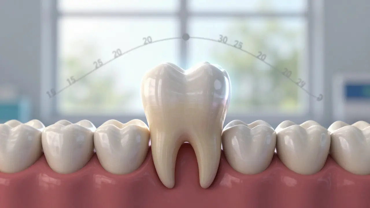 Zub s korunkou, který slouží 15 až 30 let po úspěšné endodoncii.