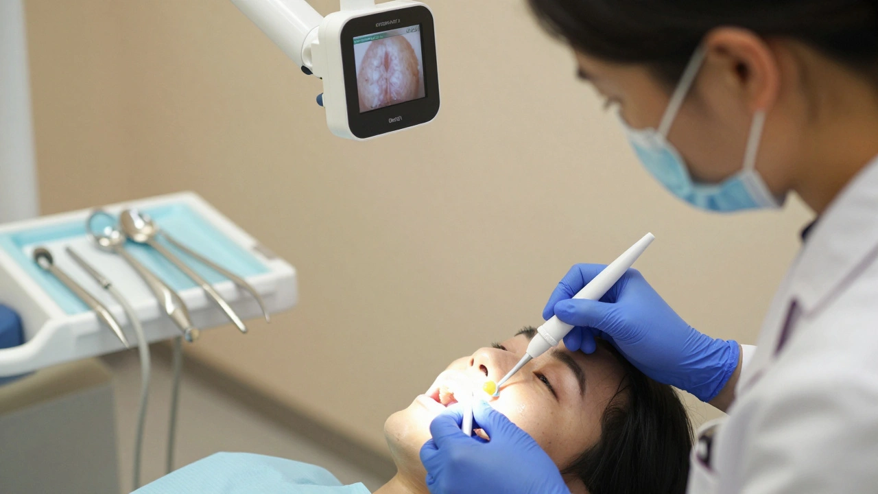 Zubní lékař aplikuje bílící gel na zuby v klinice s digitálním kamerovým sledováním.