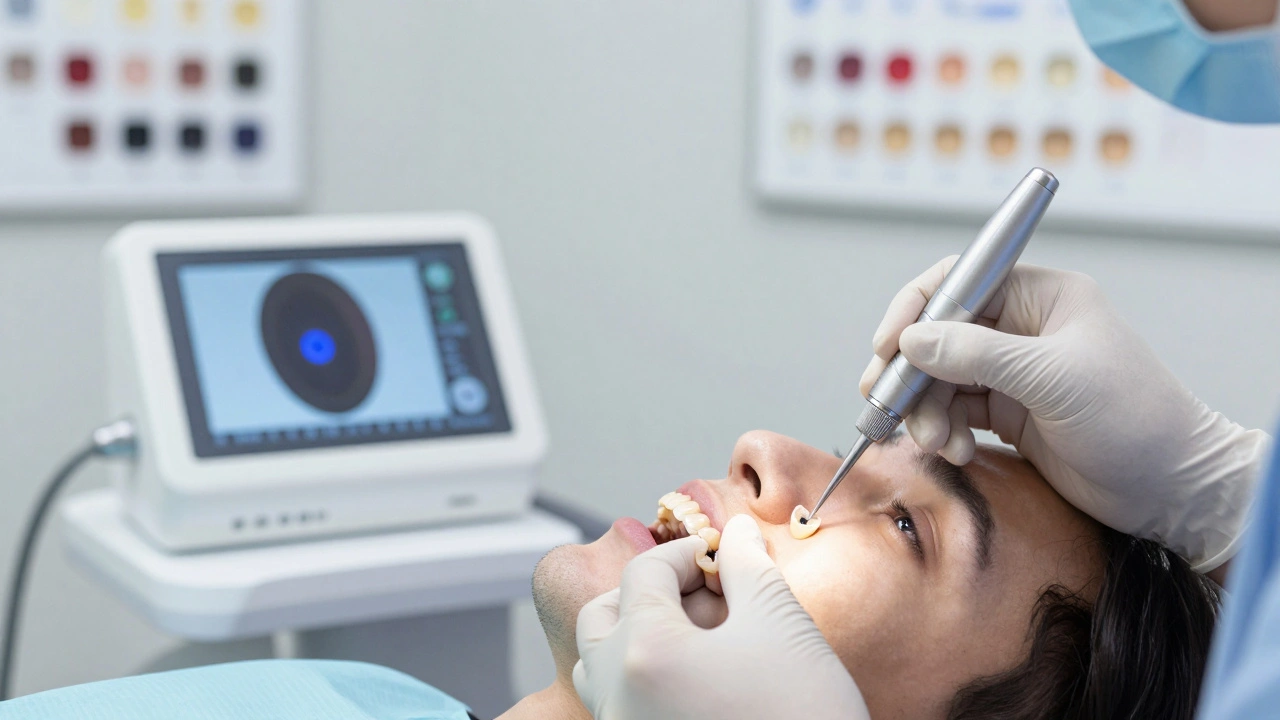 Zubní lékař instaluje keramickou korunku s použitím digitálního skeneru.