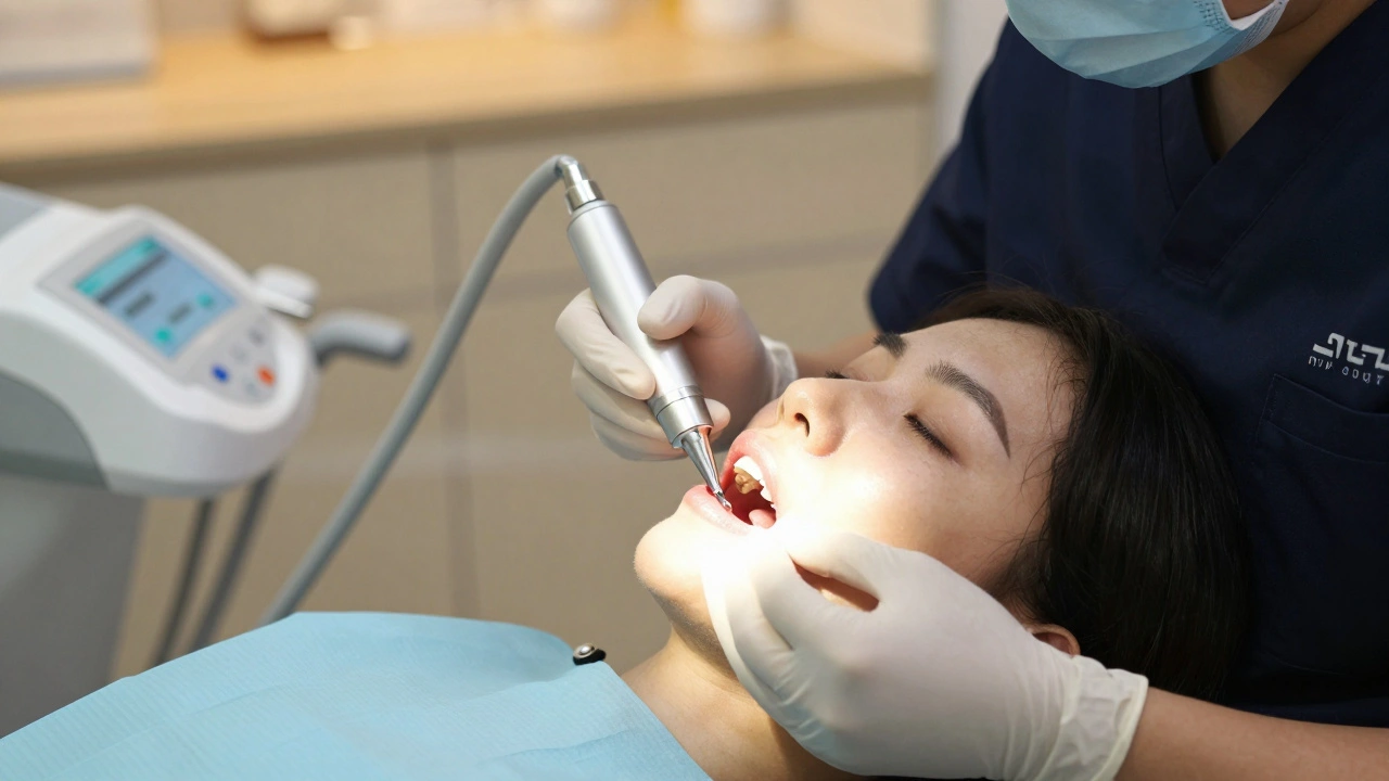 Zubní lékař provádí profesionální čištění zubů pomocí ultrazvuku.