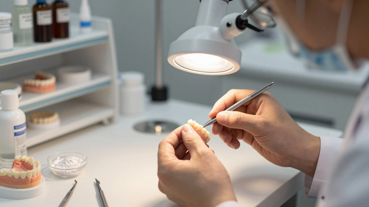 Zubní technik kontrolyuje keramickou fazetu v laboratoři pod magnifikací.