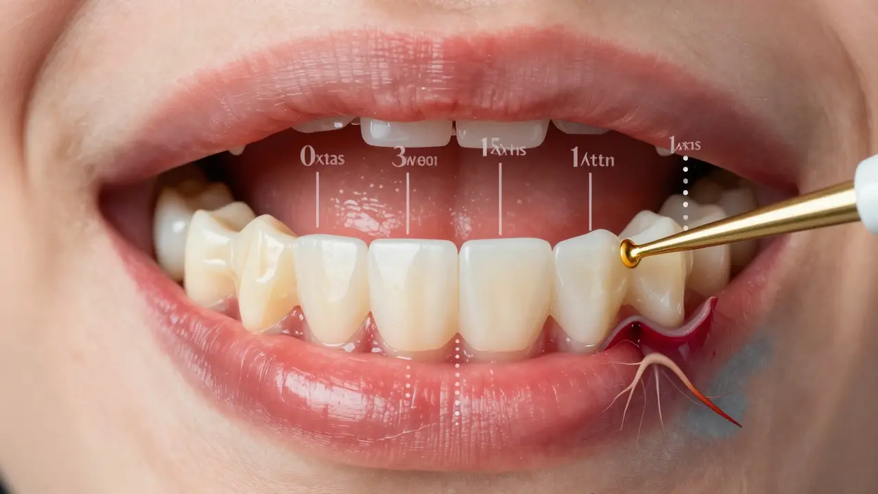 Časová osa vývoje zubního kamene a jeho dopadu na dásně a kost.