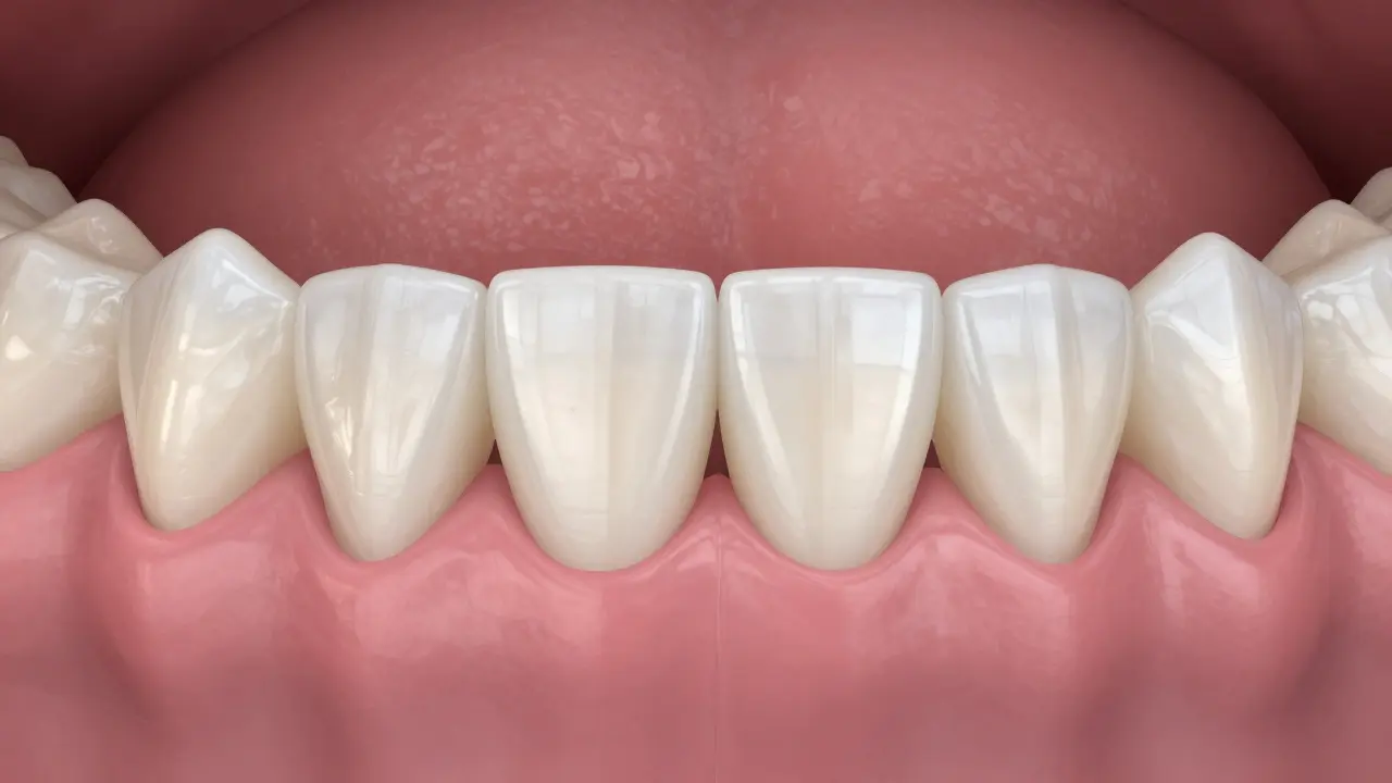 Close-up of a three-unit zirconia dental bridge with natural-looking crowns on healthy teeth and pink gums.