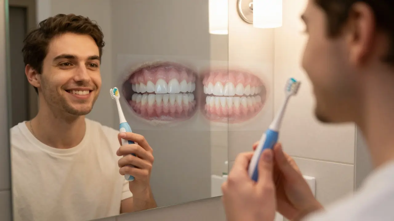 Člověk čistí zuby ultrazvukovým čističem, zrcadlo ukazuje před a po čištění.