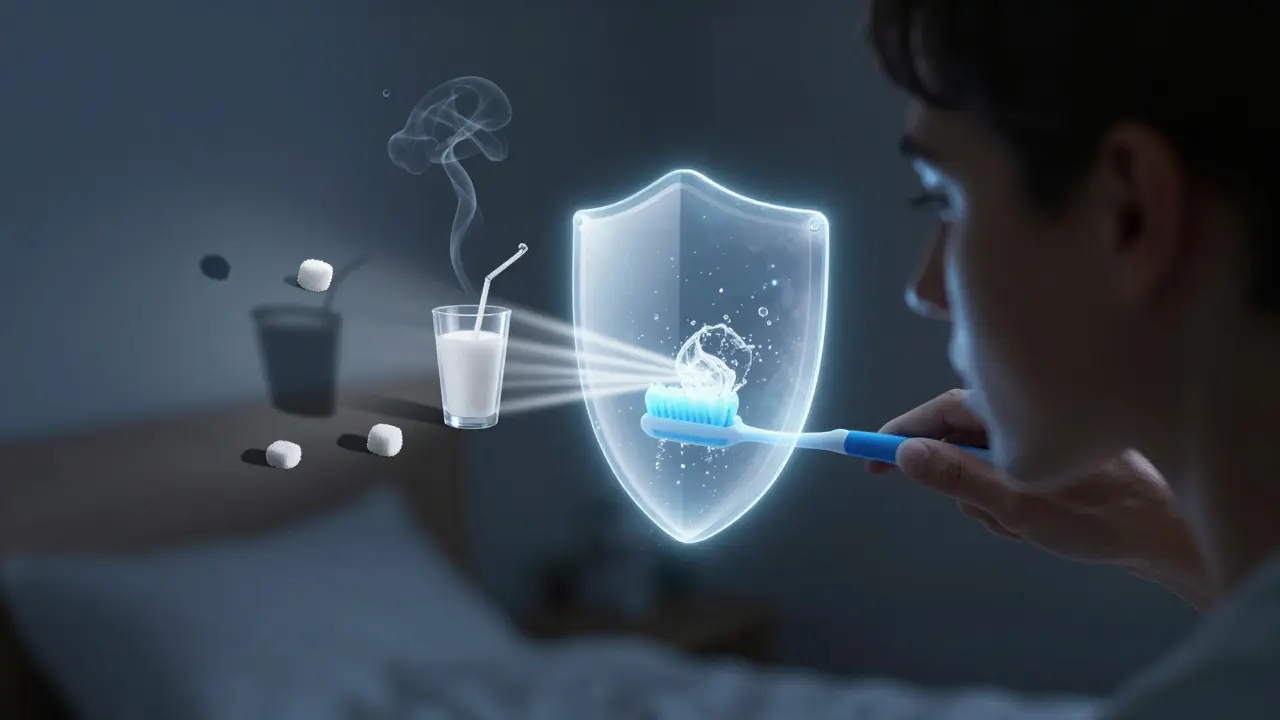 Člověk čistí zuby večer, fluor a slina vytvářejí ochranný štít proti kyselinám a špatným návykům.