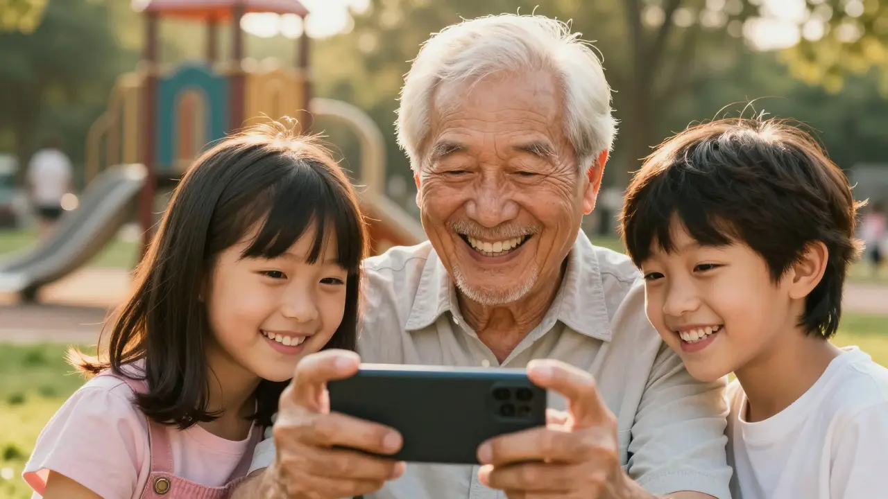 Dědeček se směje se svými vnoučaty na slunci, jeho zuby vypadají přirozeně a bez kovových obrysů.