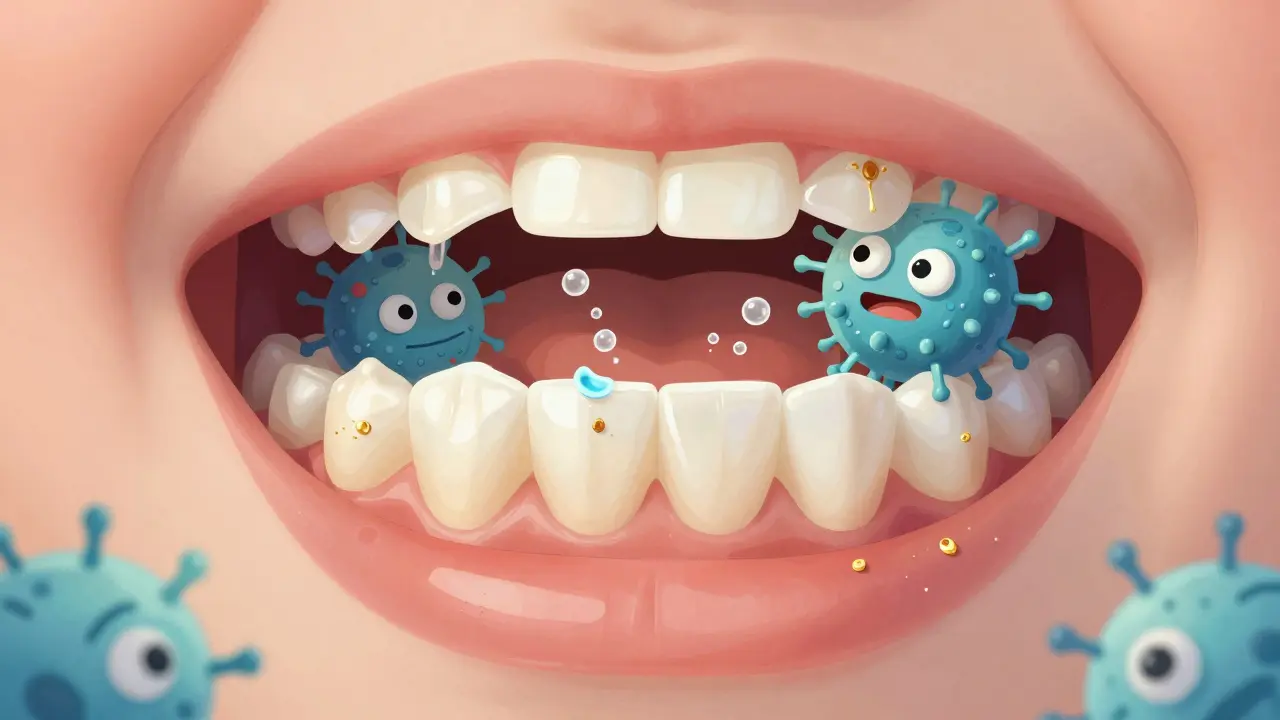 Dětský zub s zákrytem štěrbiny, bakterie jsou blokovány, slina a fluor pomáhají opravovat sklovinu.