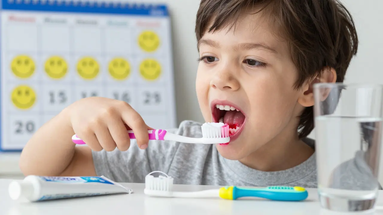 Dítě vidí červené skvrny na zubech po použití tablety indikující plak, což je pro něj jako hra.