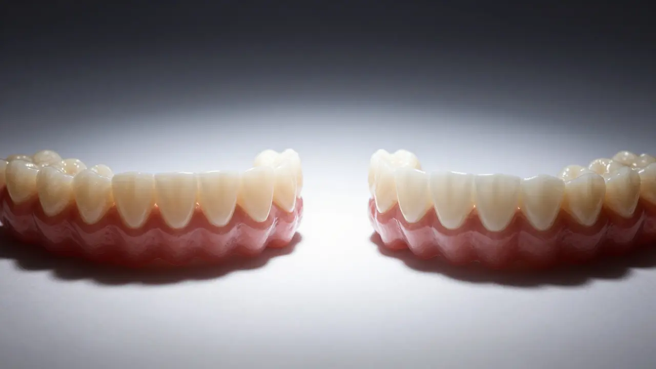 Dva zuby vedle sebe: jeden žlutý, druhý po bělení – světlejší a lesklý.