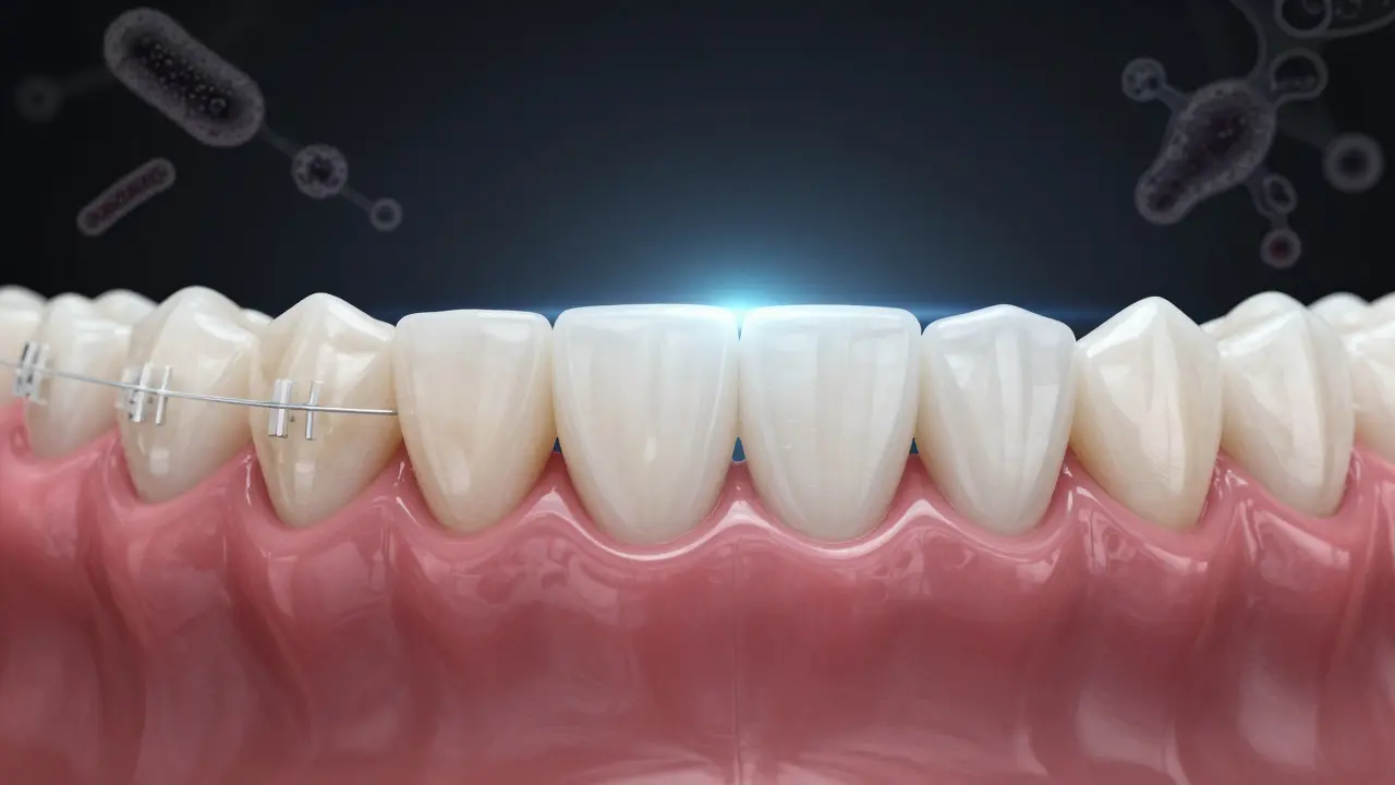 Dvě strany zubů: jedna s bílými skvrnami a zánětem, druhá se zdravou sklovinou a zdravými dásněmi.