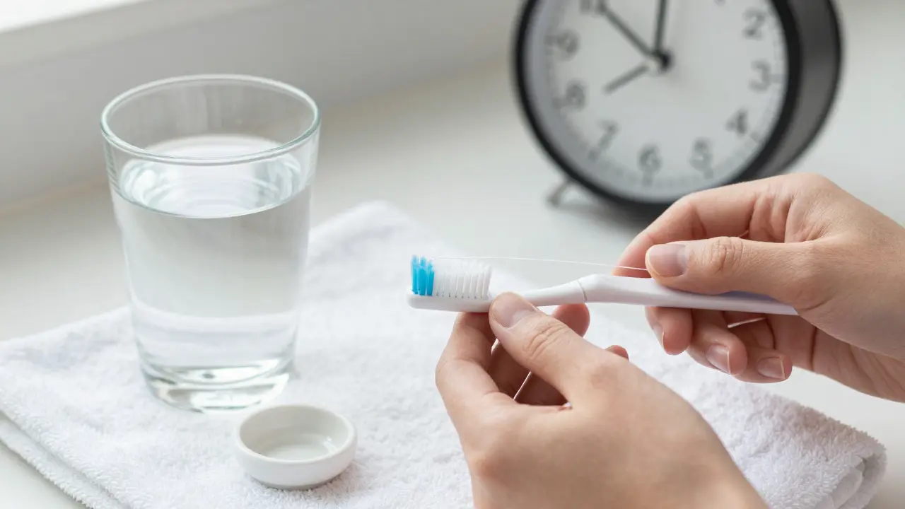 Hands holding toothbrush and floss beside a ceramic veneer, symbolizing proper care.