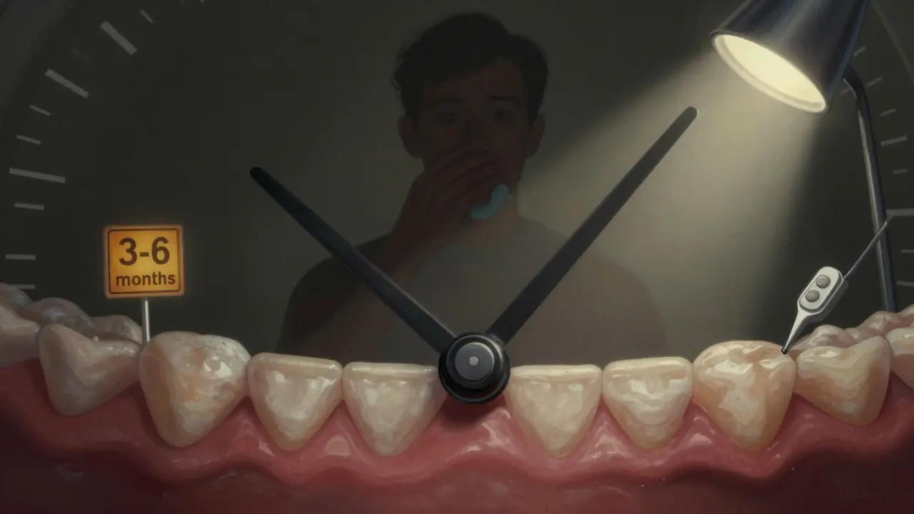 Hodiny s zuby jako ručičkami, symbolizující postupné poškozování dásní.