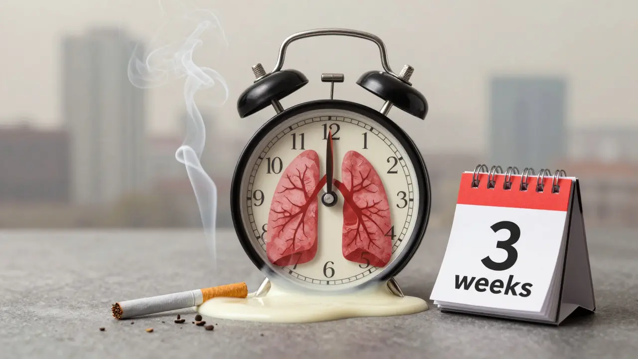 Hodiny tající nad plicemi, kouř z cigarety a odtržený kalendář s označením '3 týdny'.