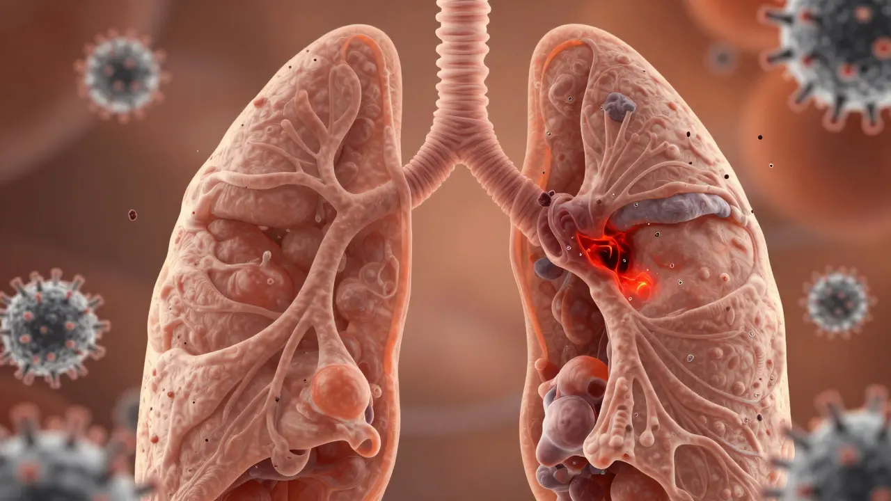 Ilustrace zánětlivě oteklých průdušek plných hlenu, s mikroskopickými řasinkami, které bojují o čištění.