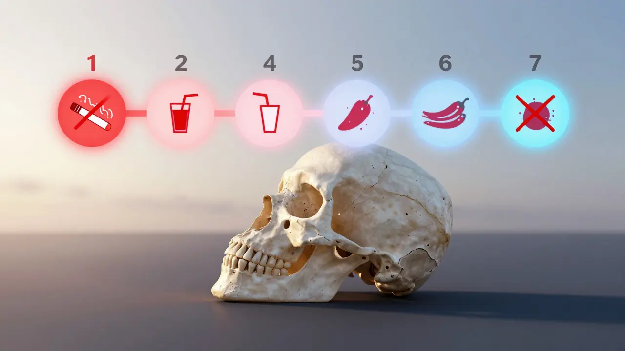 Kost čelisti s časovou škálou hojení a zakázanými činnostmi jako kouření a pití skrz pylík.