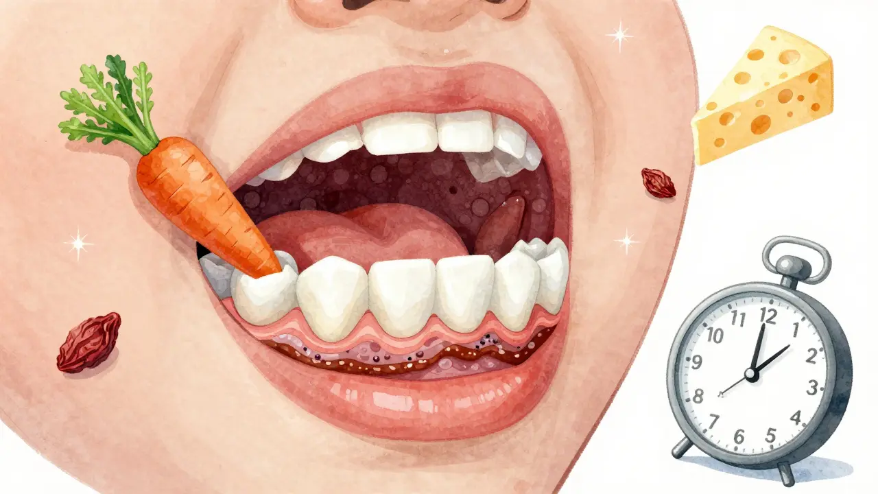 Křížový řez dětského ústního ústrojí ukazující hromadění plaku a zubního kamene u dásní.