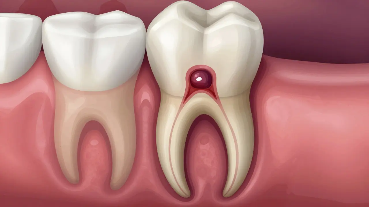Křížový řez zubu s hnisem kolem kořene a poškozenou kostí.