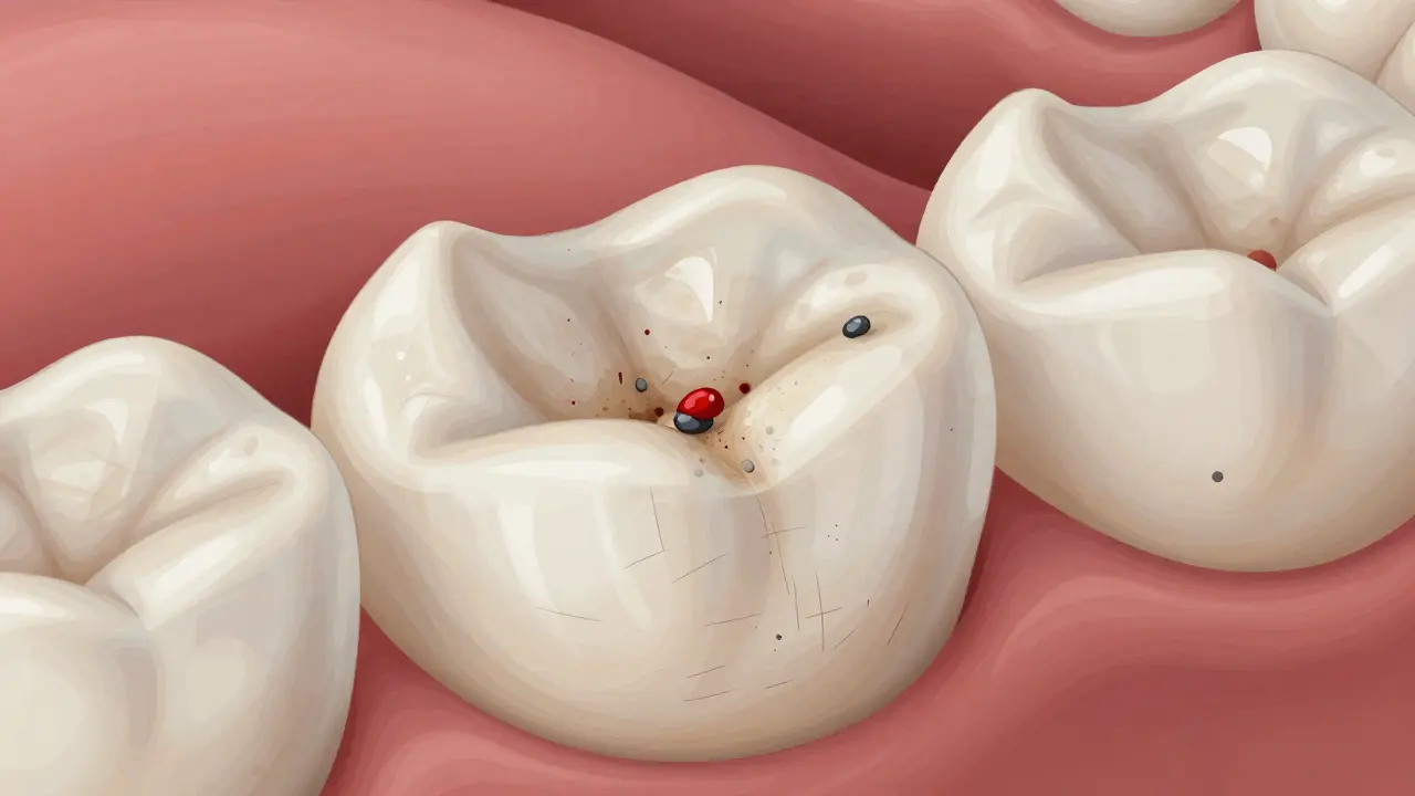 Microscopic view of ceramic veneer with plaque trapped in micro-scratches.