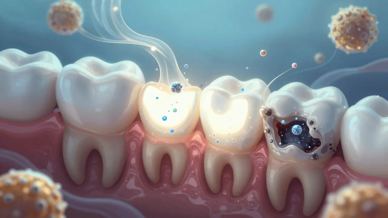 Mikroskopický pohled na bakterie a fluorid, které obnovují zubní sklovinu.