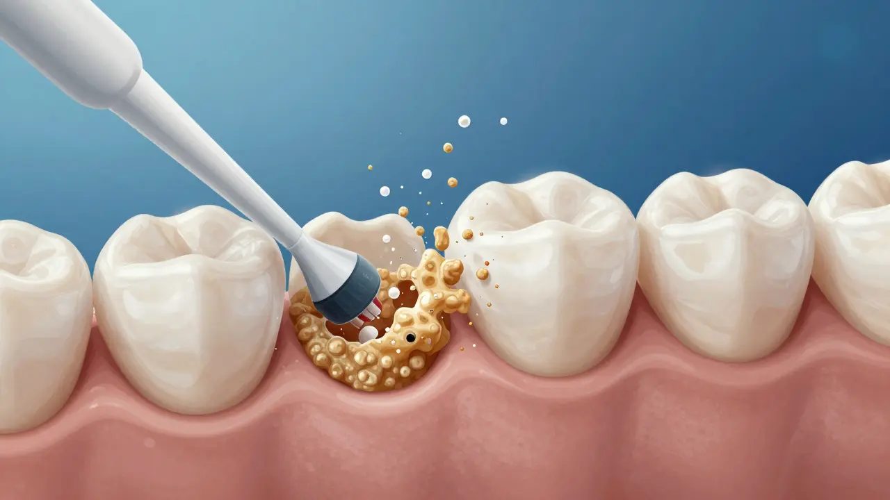 Mikroskopický pohled na odstraňování zubního kamene ultrazvukem.