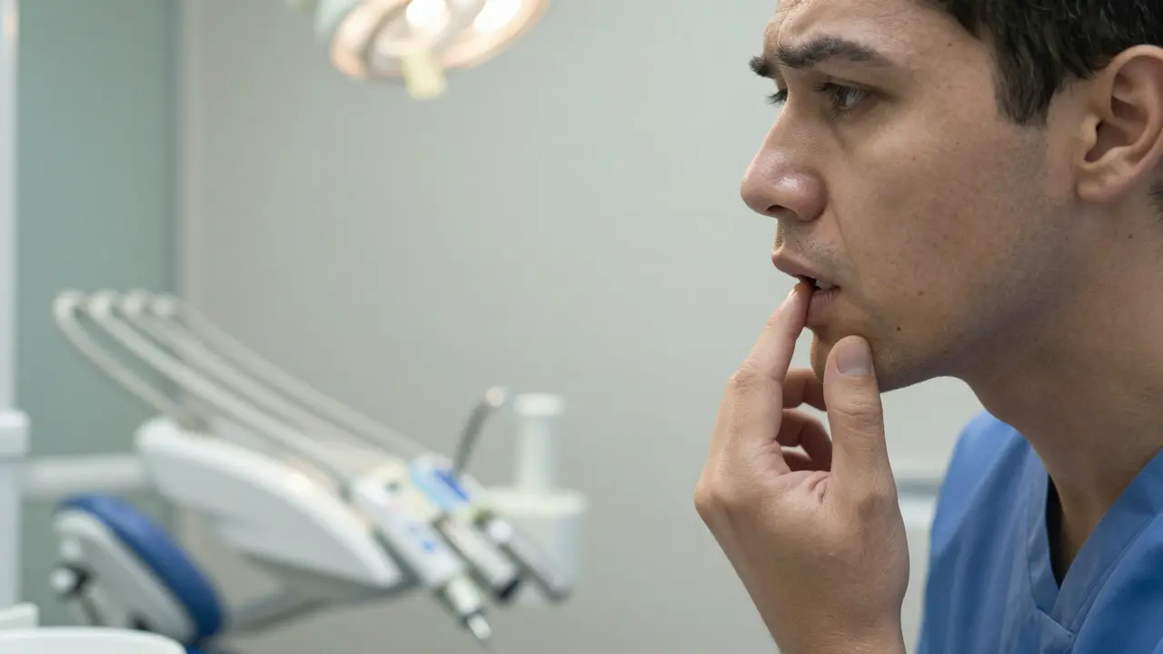 Muž se dívá do zrcadla a dotýká se tmavé skvrny na zubu