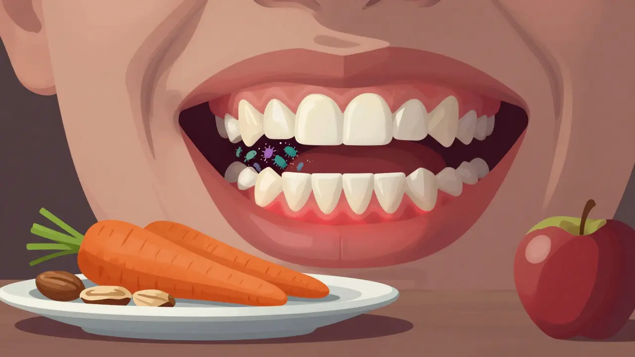 Nesprávně zarovnané zuby s bakteriemi a zánětem dásní, vedle nejeden jídlo.