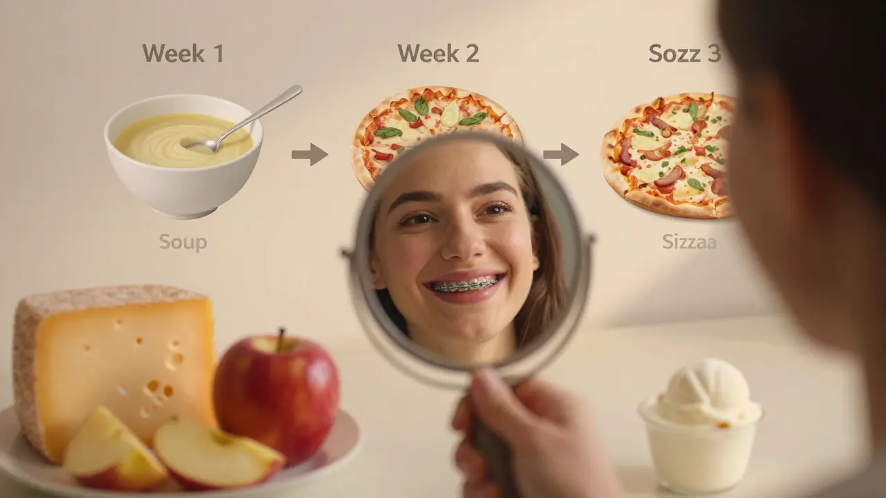 Osoba se usmívá do zrcadla s bezpečnými potravinami kolem po třech týdnech s rovnátky.