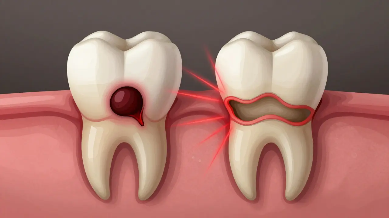 Porovnání zdravé a infikované dásně po vytažení zubu, s viditelnou suchou dásní.