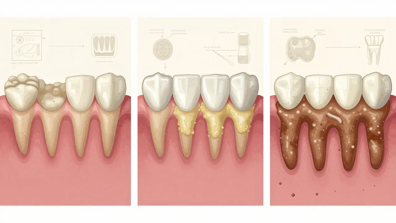 Postup vzniku zubního kamene z plaku až po tvrdý nános.