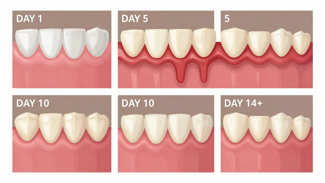 Postupný vývoj zubního plaku od tenké vrstvy po tvrdý kámen a stahování dásně.