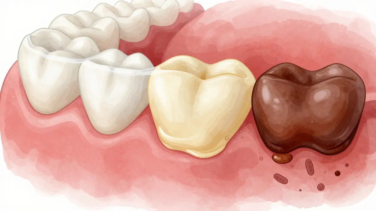 Přeměna zubního plaku na zubní kámen podél dásně s mikroskopickými bakteriemi.