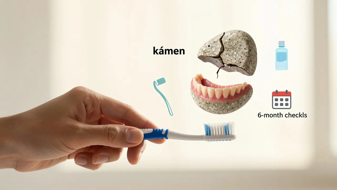 Prevence zubního kamene: kartáček, nit a pravidelné prohlídky.