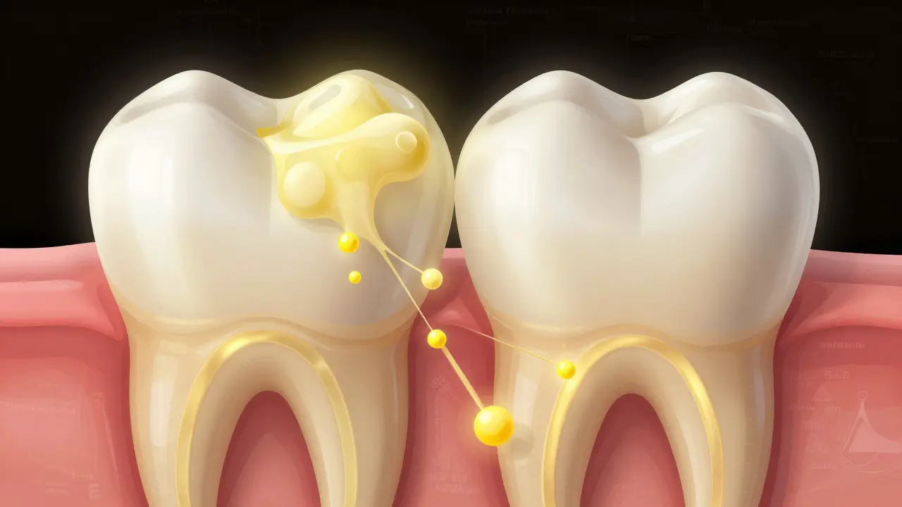 Příčný řez zubem ukazující, jak bělící gel proniká do skloviny a rozkládá pigmenty.
