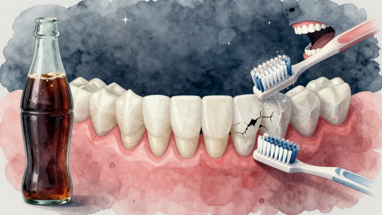 Průhledný náhled poškození skloviny předních zubů způsobeného kyselinou a skřípáním.