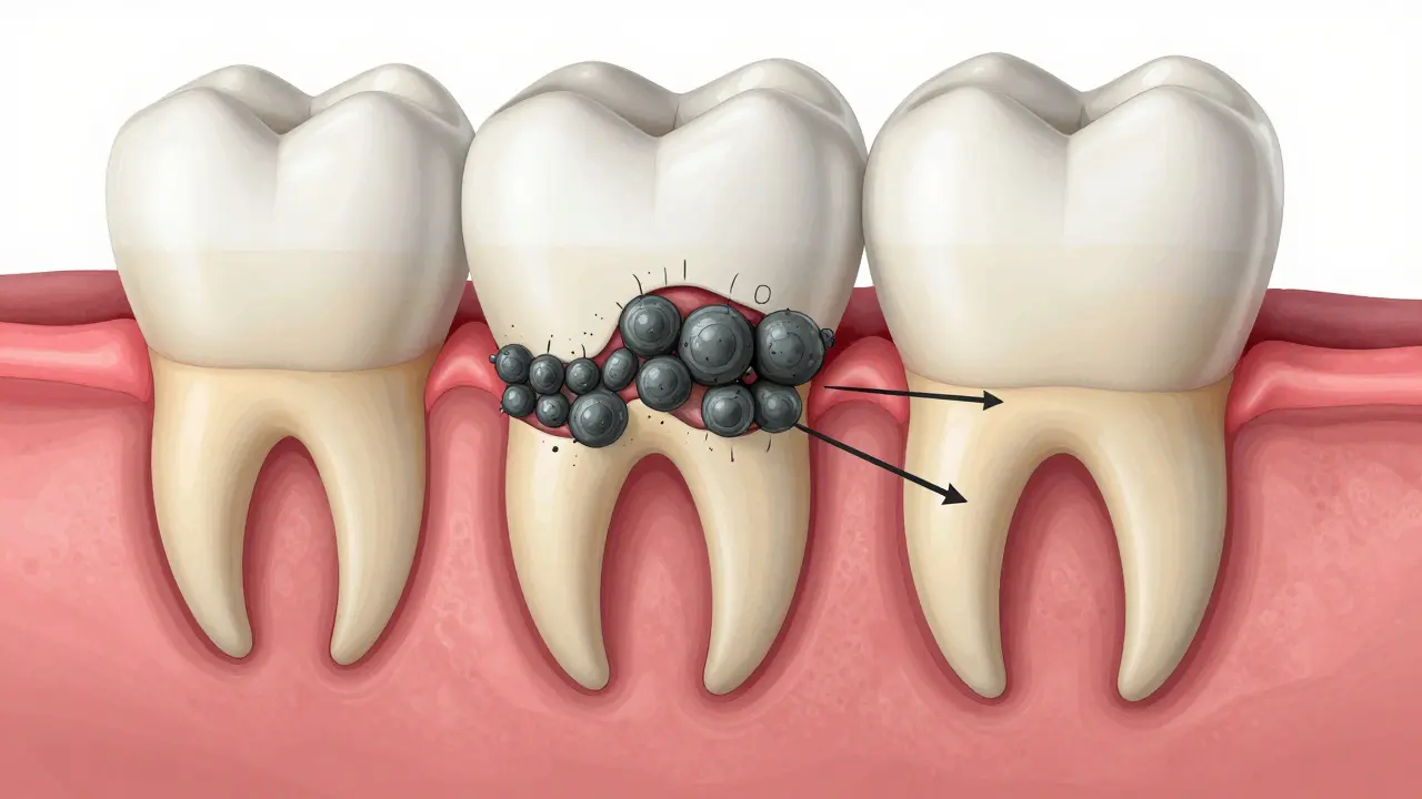 Průřez zubu a dásně ukazující tvorbu kamene a ztrátu kosti.